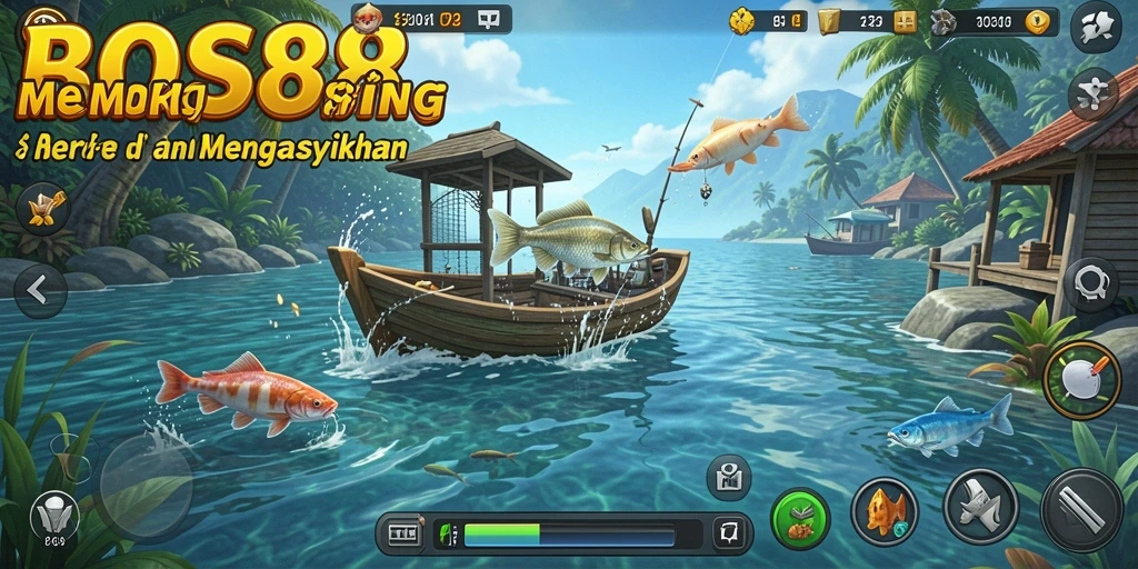Screenshot utama BOS88 menampilkan aksi menangkap ikan yang seru di pantai.