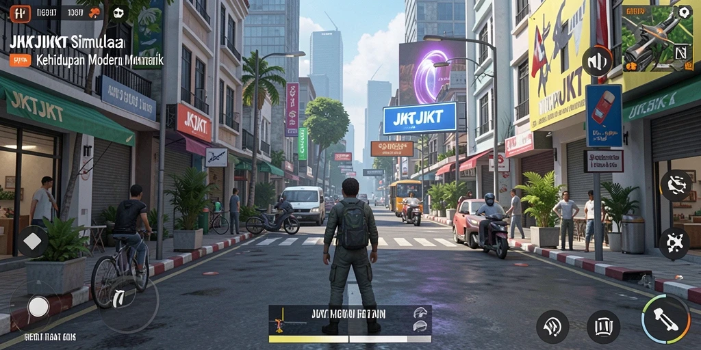 Screenshot menunjukkan gameplay JKTJKT dengan karakter dalam interaksi sosial.
