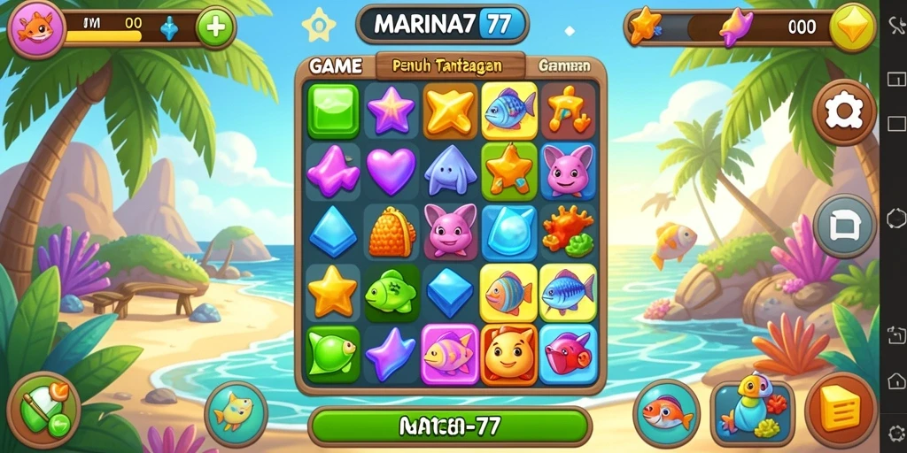 Screenshot gameplay MARINA77 menampilkan pencocokan ikon Match-3 yang dinamis.