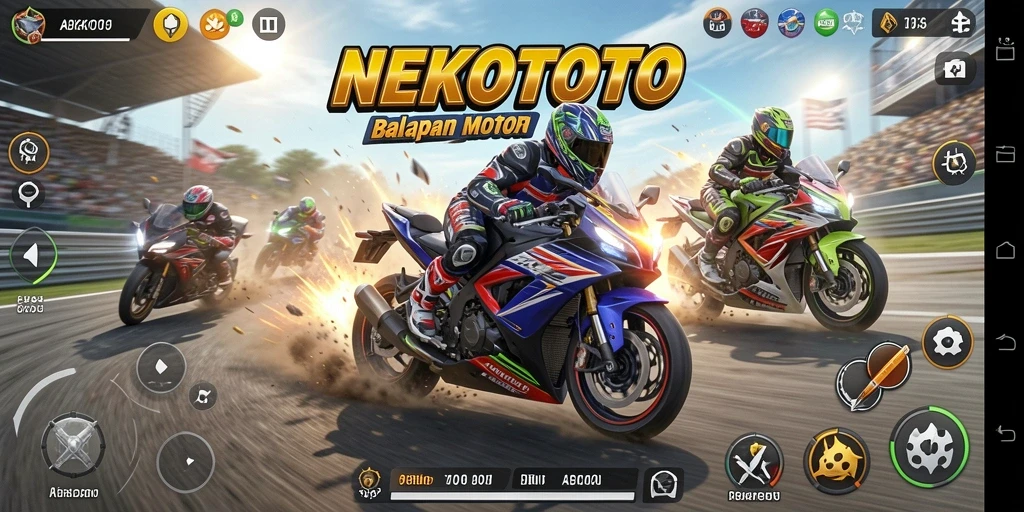 Tampilan gameplay NEKOTOTO menampilkan balapan motor yang seru dan mendebarkan.