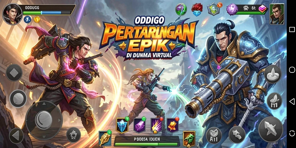 Screenshot gameplay ODDIGO dengan pertarungan mendebarkan antara dua karakter.