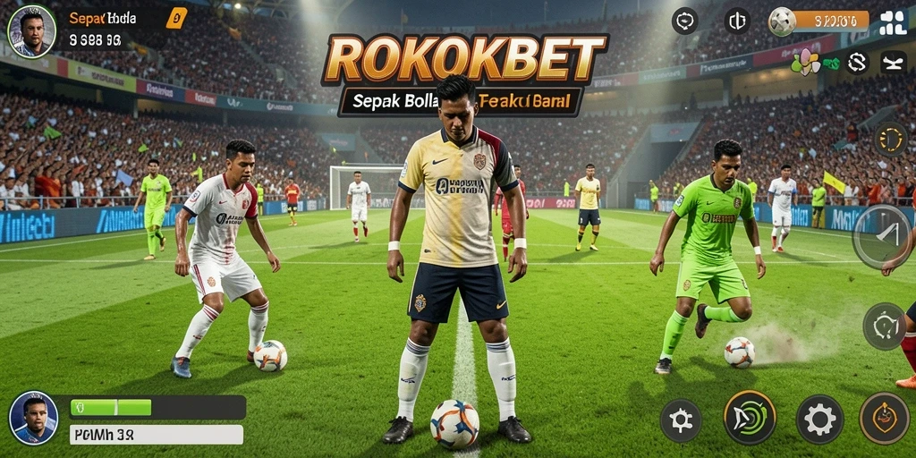 Screenshot gameplay ROKOKBET menampilkan aksi sepak bola yang mendebarkan.