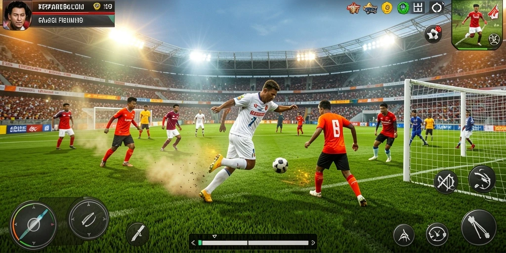 Screenshot utama RP99 menampilkan aksi dramatis dalam permainan sepak bola.