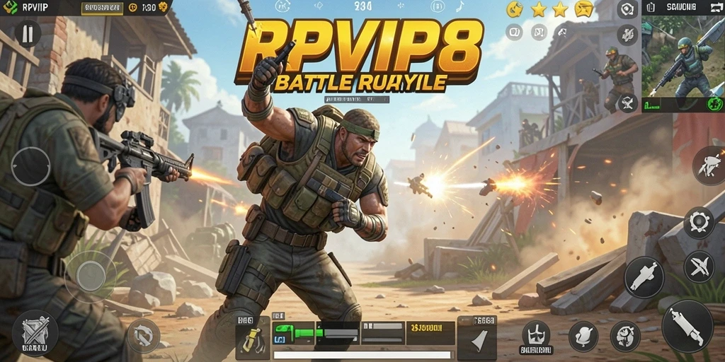 Tangkapan layar gameplay RPVIP8 menampilkan pertempuran seru dalam mode Battle Royale.